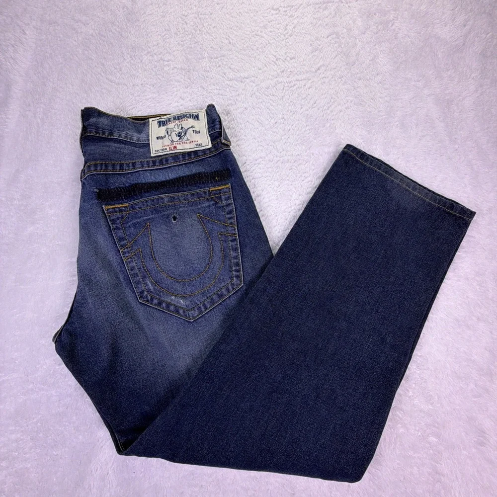 Vintage Y2K True Religion Mens Jeans 36x31 Slim Flap Coin Pocket Distressed Read